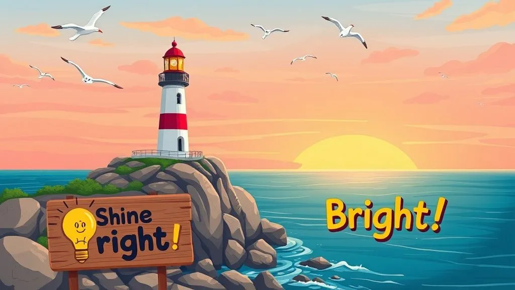 A lighthouse stands tall against a vibrant sunset, casting a warm glow over the ocean