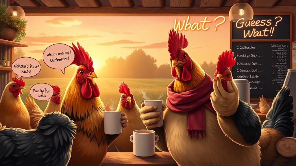 A cheerful cartoon chicken strutting on a farm with a speech bubble saying 'Guess What? Chicken Butt!'