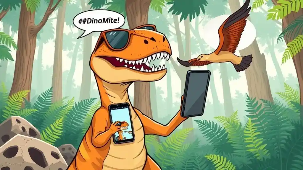 A playful Velociraptor posing for a selfie in a prehistoric forest