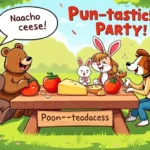 A group of cartoon animals and foods laughing together in a colorful party setting