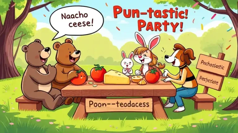 A group of cartoon animals and foods laughing together in a colorful party setting