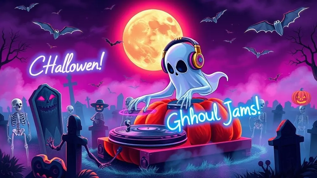 A lively Halloween party with guests in costumes, holding invites with spooky puns under glowing jack-o’-lanterns