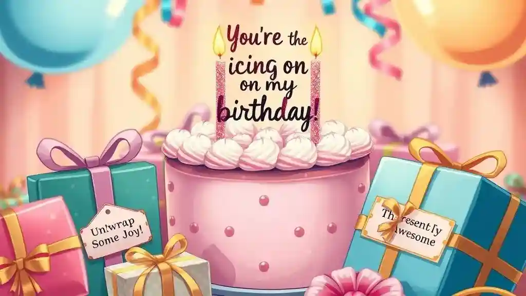 A vibrant cartoon birthday party with kids, adults, and animals laughing around a cake with punny decorations