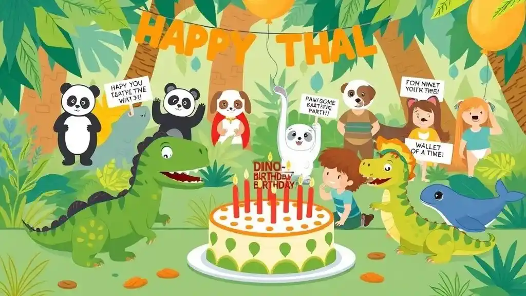 A fun dinosaur-themed birthday party with kids, a T-Rex cake, and punny signs like ‘Dino-Mite Birthday!’ and ‘Pawsome Bash!